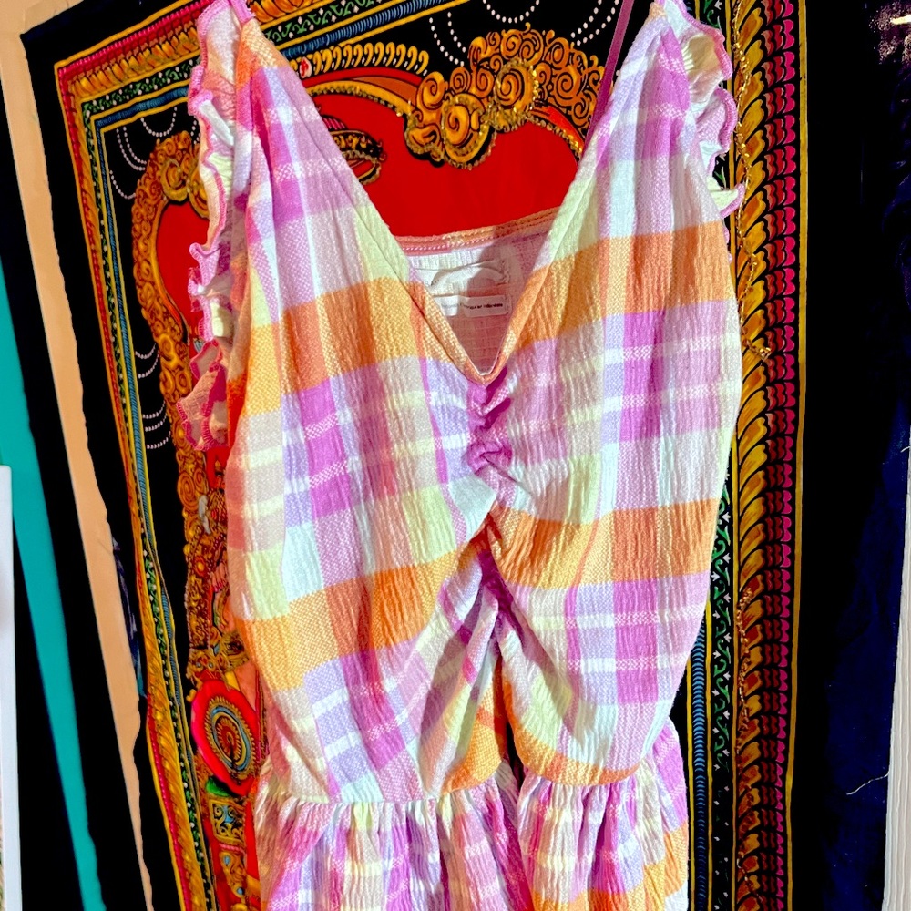Adorable cottage core urban outfitters tank top small plaid pink orange